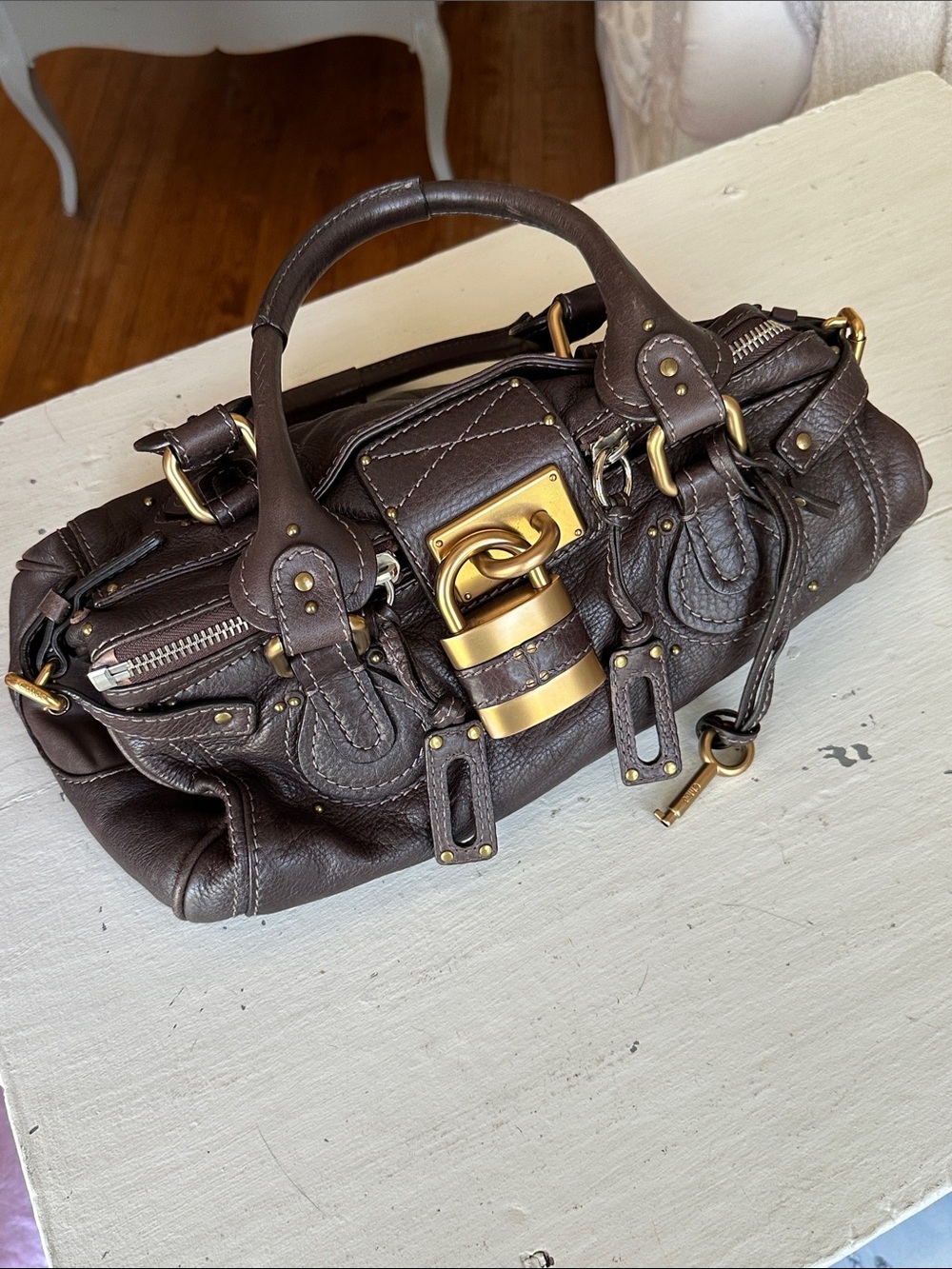 Chloe Dark Brown Leather Satchel with Gold Padlock
